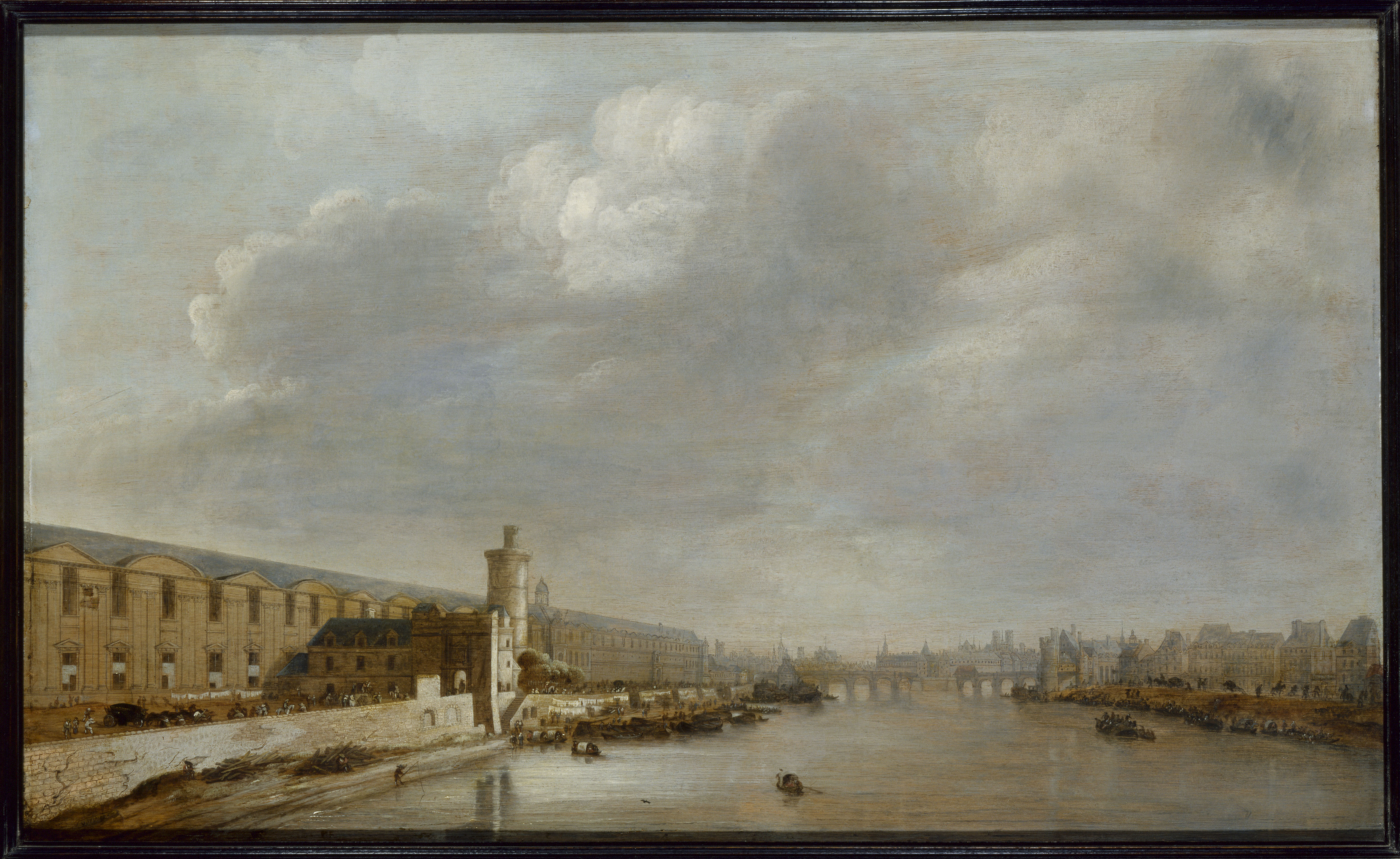 Abraham de Verwer, La Grande Galerie du Louvre avec la porte Neuve et la tour du Bois
