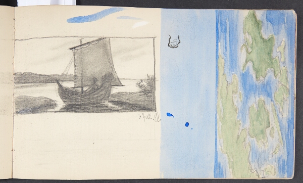 Agnes Slott-Møller, Danmark, set i fugleperspektiv, samt studie af sejlbåd ved en strandbred