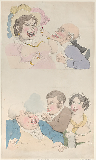 Thomas Rowlandson, A Man Enticed by a Woman; and Smoking a Customer