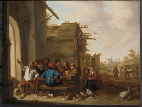 Cornelis Saftleven, Figures before a Village Inn