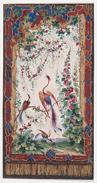 Anonymous, French, 19th century, Design for Wallpaper or Panel (?) with an Orientalist Motif with Three Phoenix-Like Exotic Birds with Colorful Feathers and a Flowering Tree within an Ornamental Frame with Tassels Resembling a Tapestry