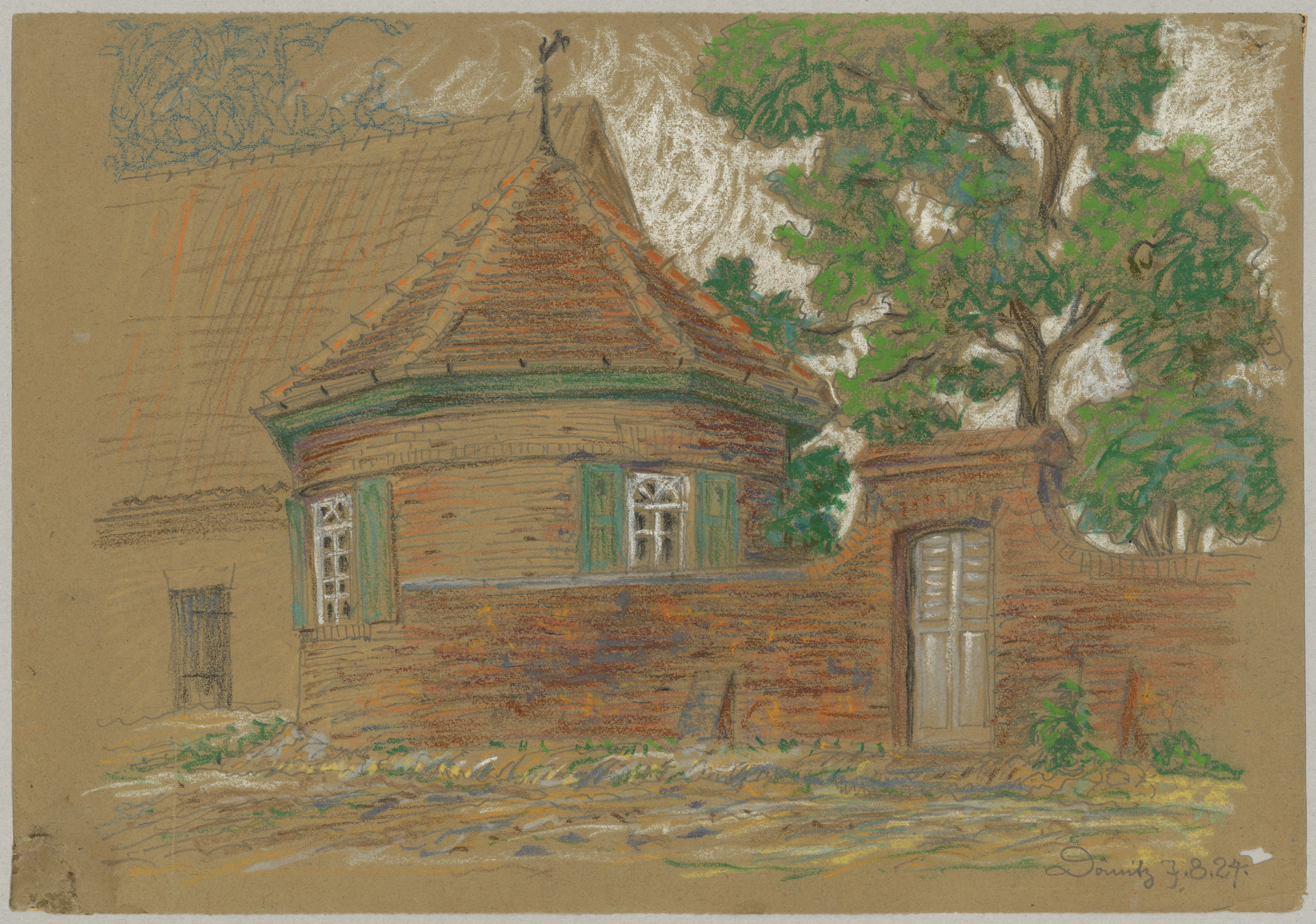 Otto Stiehl, Dömitz (Mecklenburg): Gartenhaus (?) mit Gartenmauer