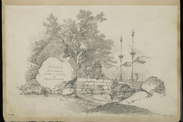 George Chinnery, Vignette of the A-Ma Temple, Macau, for a titlepage inscribed 'Sketches from Nature made in China by Geo. Chinnery'