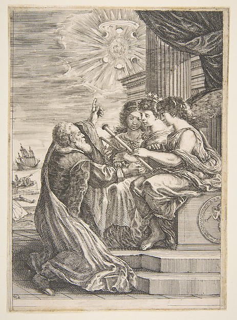Stefano della Bella, Galileo and personifications of Astronomy, Perspective and Mathematics, frontispiece for 'Opere di Galileo Galilei'
