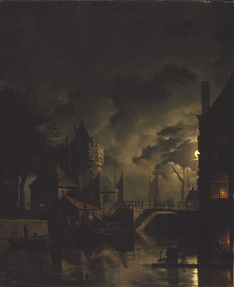 Hendrik Gerrit ten Cate, The Schreierstoren in Amsterdam by moonlight