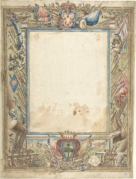 Anonymous, Italian, 16th century, Design for a Frame with Armorial Trophies, the Medici Coat of Arms and a Second Coat of Arms, possibly of the Alberighi Family (?)