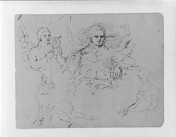 Thomas Sully, Five Figure Sketches, Including Two Half-length Steated Male Portrait Types (from Sketchbook)