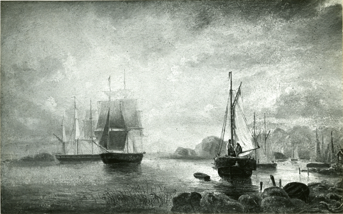 Okänd fotograf, Fiskeläge vid havsvik. Oljemålning 1854. Storlek 31,5 x 49,5 cm.