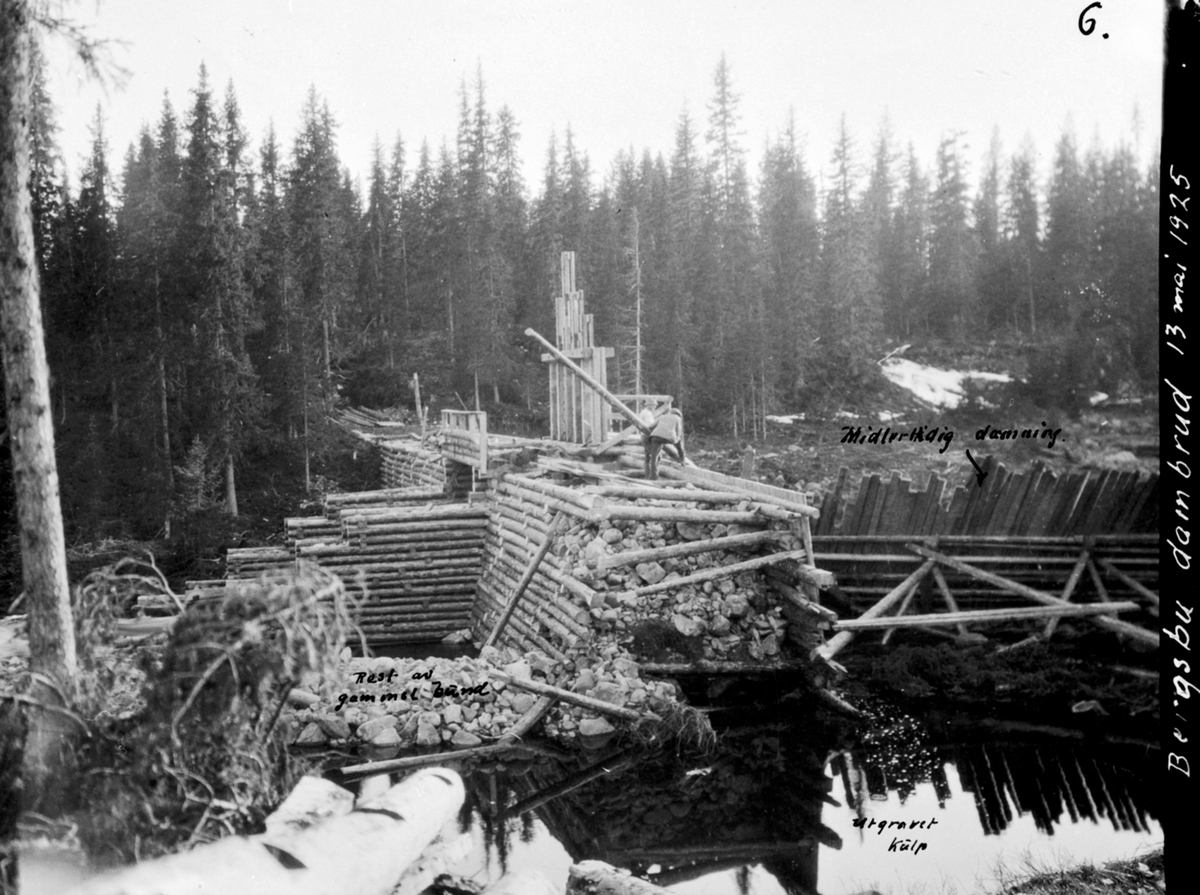 Anno Domkirkeodden, Bergsbu dambrudd. Utgraving ved gjennombrudd. Ringsaker almenning. Utgravet kulp. Midlertidig demning. Rest av gammel bunn. To menn arbeider.