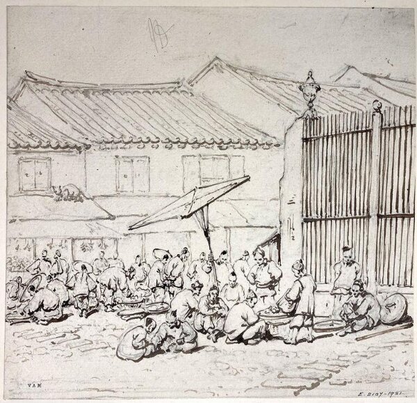 George Chinnery, The market by S. Domingos Church, Macau