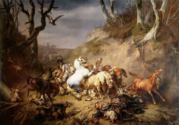 Eugène Verboeckhoven, Hungry Wolves Attacking a Party of Riders