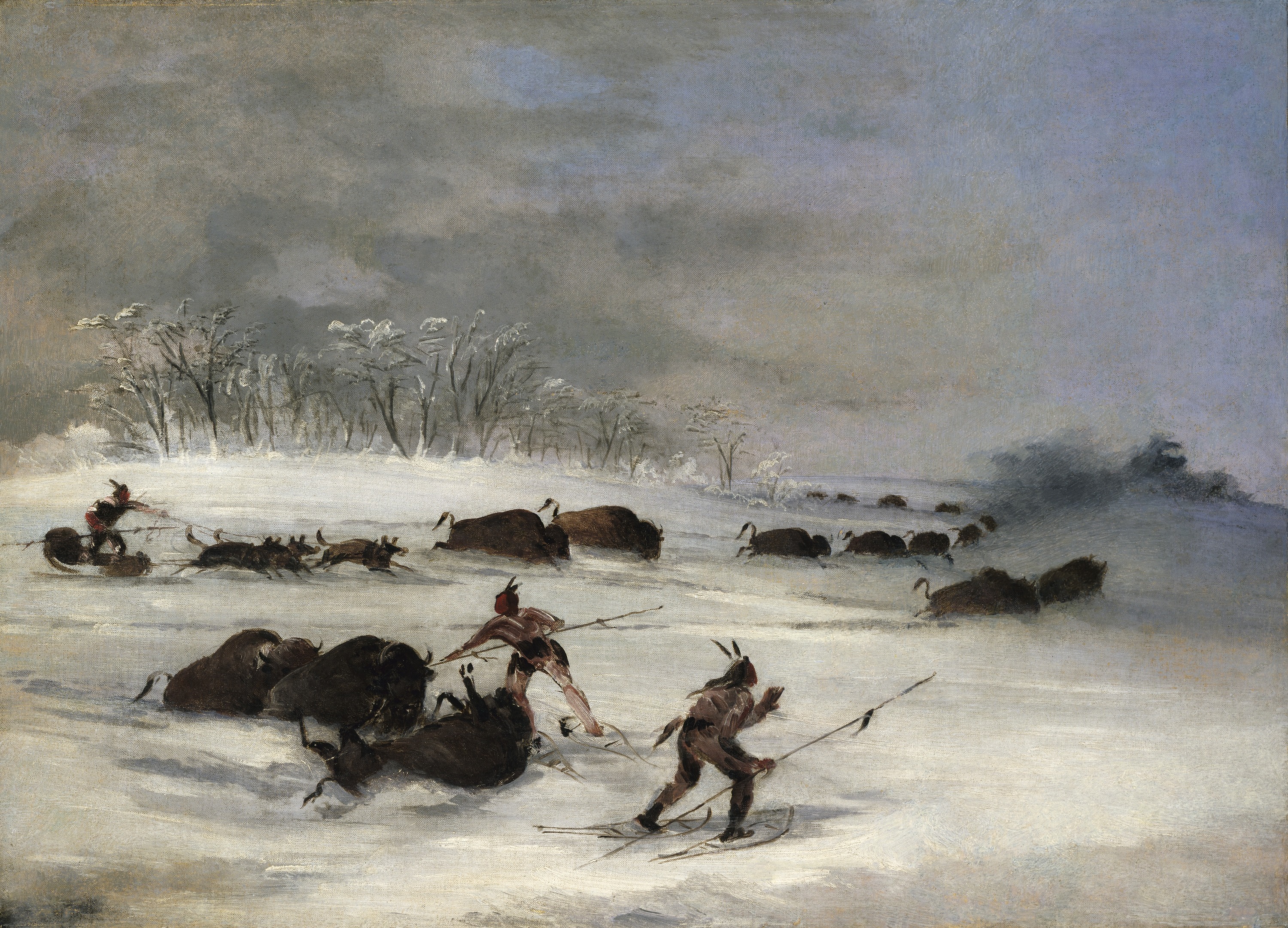 George Catlin, Sioux Indians on Snowshoes Lancing Buffalo