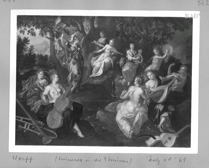 Adriaen van der Werff, Standing woman with casquet (Athene?) and female figure playing music in scenery