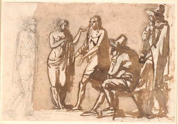 Nicolai Abildgaard, Tre herrer i 1600-tals dragter betragter et ungt klassisk par