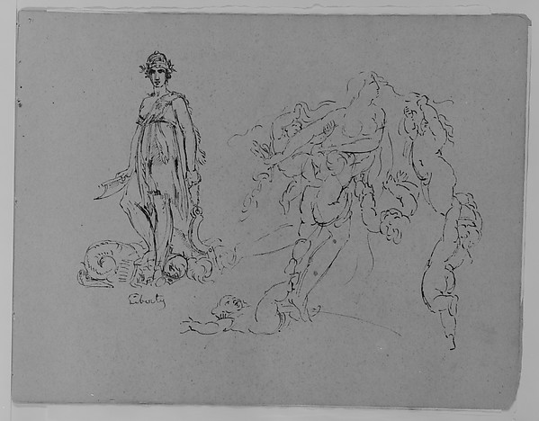 Thomas Sully, Liberty Figure; Fleeing Nude Female Figure with Putti (from Sketchbook)