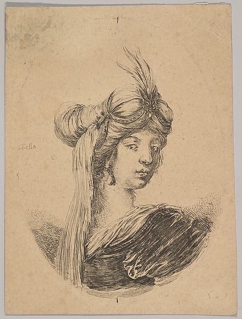 Stefano della Bella, A woman wearing an ornate turban with a veil, seen from behind and turned three-quarters to the right, from "Several heads in the Persian style" (Plusieurs têtes coiffées à la persienne)