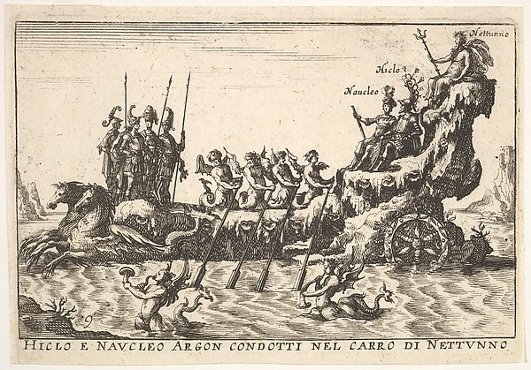 Anonymous, Plate 9: Argonauts Hicleus and Naucleus led in the float of Neptune (Hicleo e Naucleo Argon. condotti nel carro di Nattunno), from "The magnificent pageant on the river Arno in Florence for the marriage of the Grand Duke" (Le Magnifique carousel fait sur le fleuve de l'Arne a Florence, pour le mari…