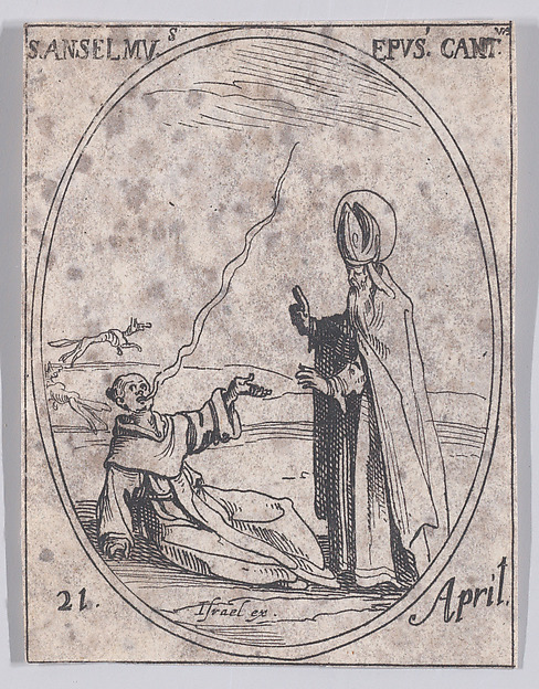 Jacques Callot, S. Anselme, évêque de Cantorbéry (St. Anslem, Bishop of Canterbury), April 21st, from "Les Images De Tous Les Saincts et Saintes de L'Année" (Images of All of the Saints and Religious Events of the Year)