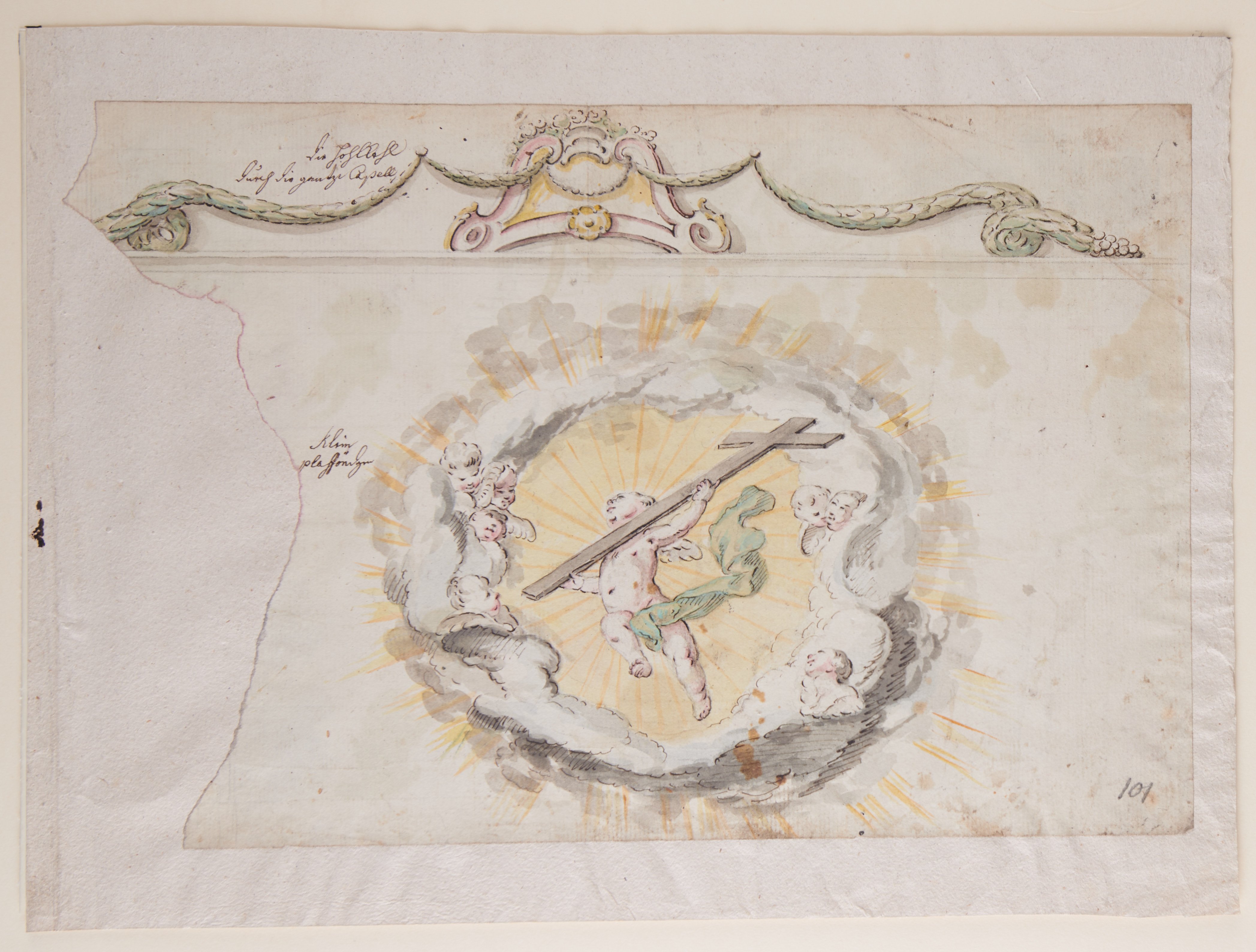 Johann Martin Metz, Handzeichnung mit Kreuz Christi und Putten in Wolkenaureole