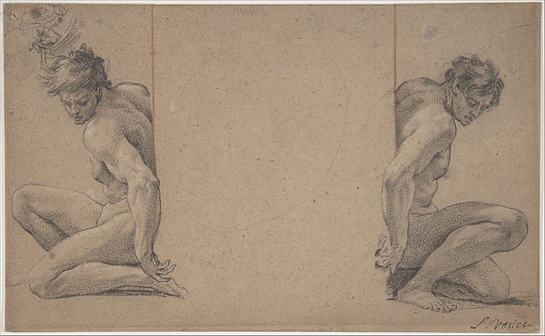 Simon Vouet, Two Crouching Nude Male Figures