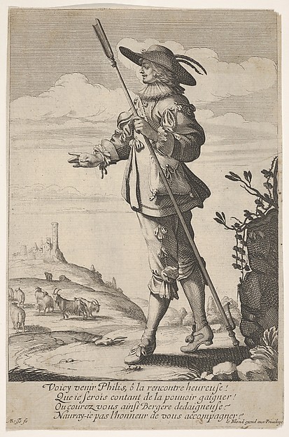 Abraham Bosse, A shepherd holding a crook in his left hand and walking with a hill, a town and goats in the distance at left