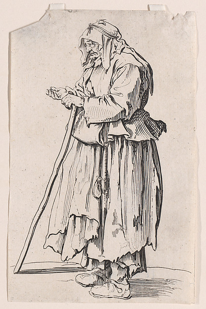 Jacques Callot, La Mendiante Venant de Recevoir la Charité (The Female Beggar Receiving her Charity), from "Les Gueux suite appelée aussi Les Mendiants, Les Baroni, ou Les Barons" (The Beggars, also called the Barons)