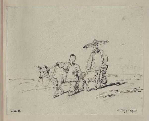 George Chinnery, Two Chinese figures with a cow and calf