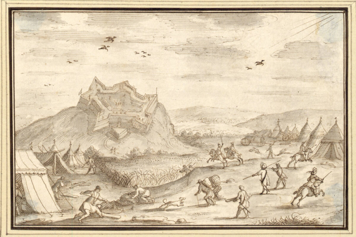 AlbertFlamen, Feldlager vor der vogelperspektivischen Ansicht einer Festung (IV-39)