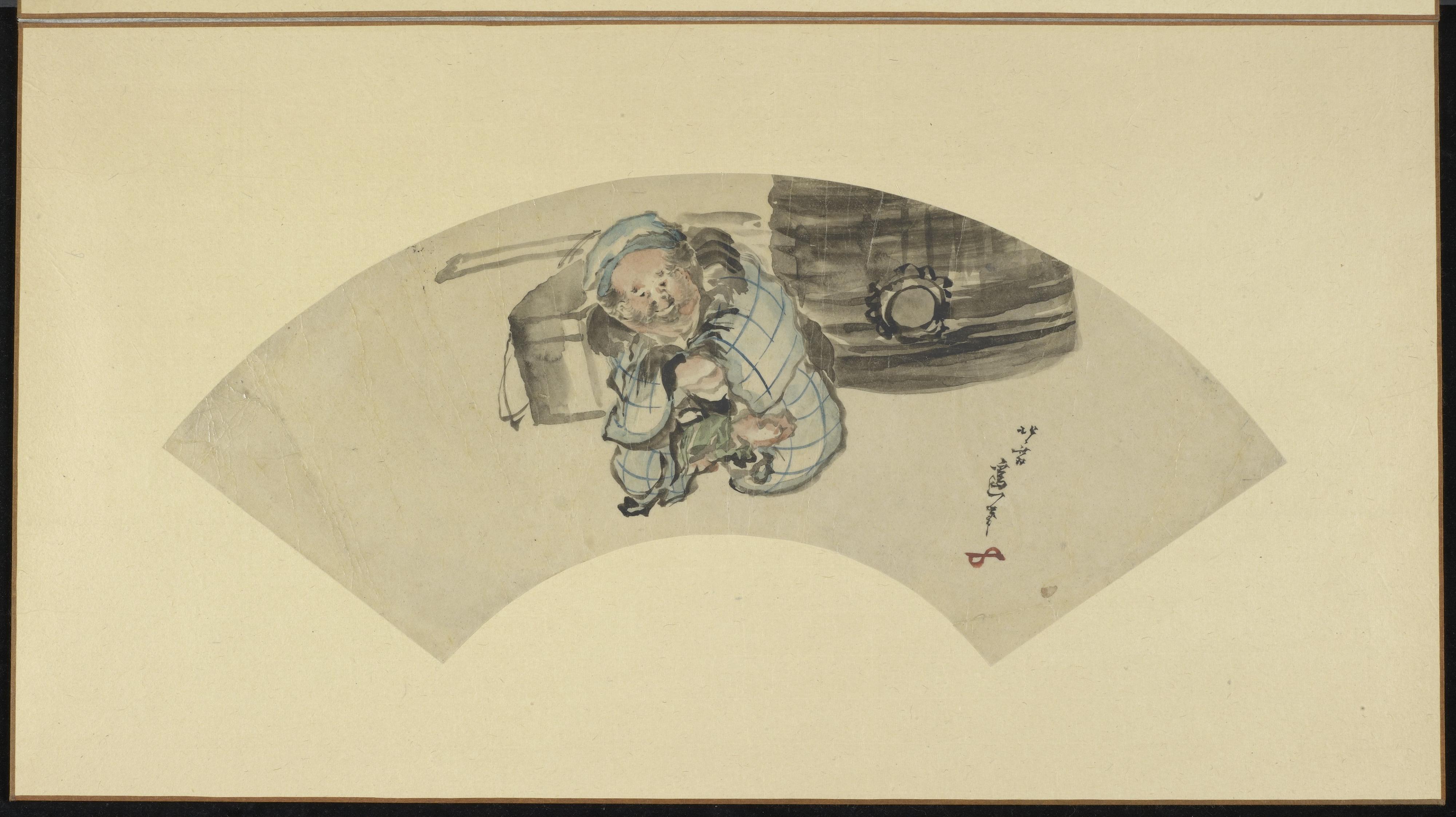 Katsushika Hokusai, A fat old man sitting beside a large bell