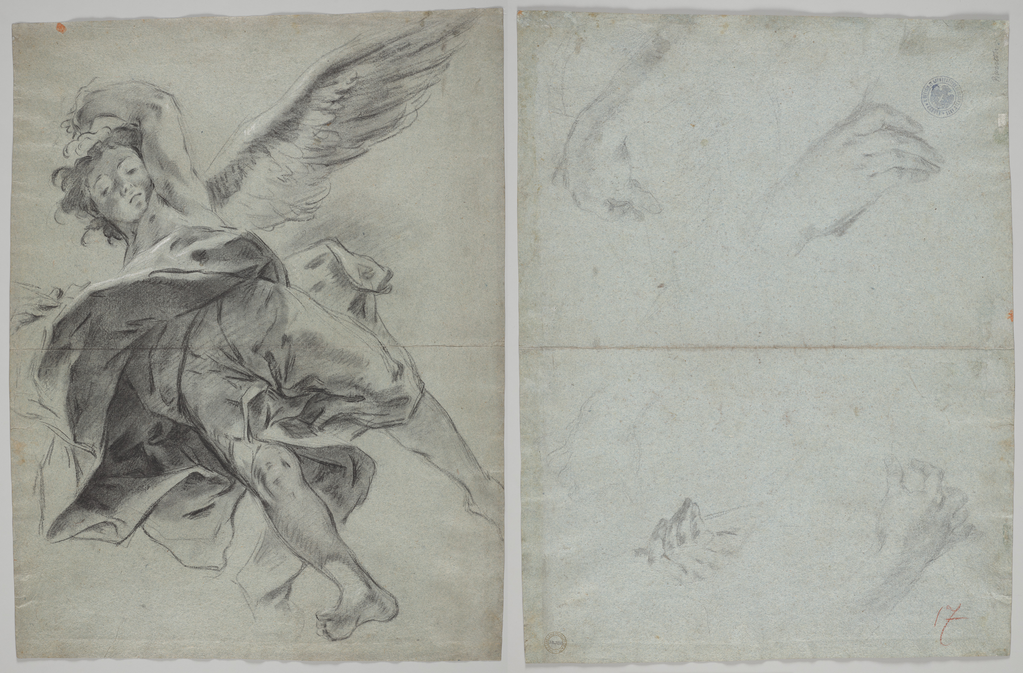 Giovanni Battista Piazzetta, A Flying Angel (recto); Studies of Hands Playing Instruments (verso)