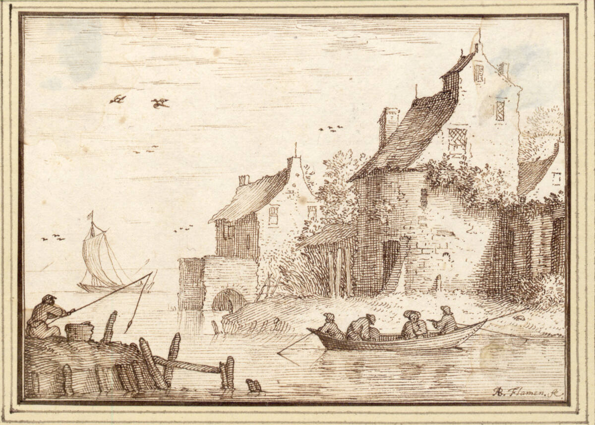 AlbertFlamen, Stadtmauer am Wasser, vorne ein Angler und ein Ruderboot (III-42)