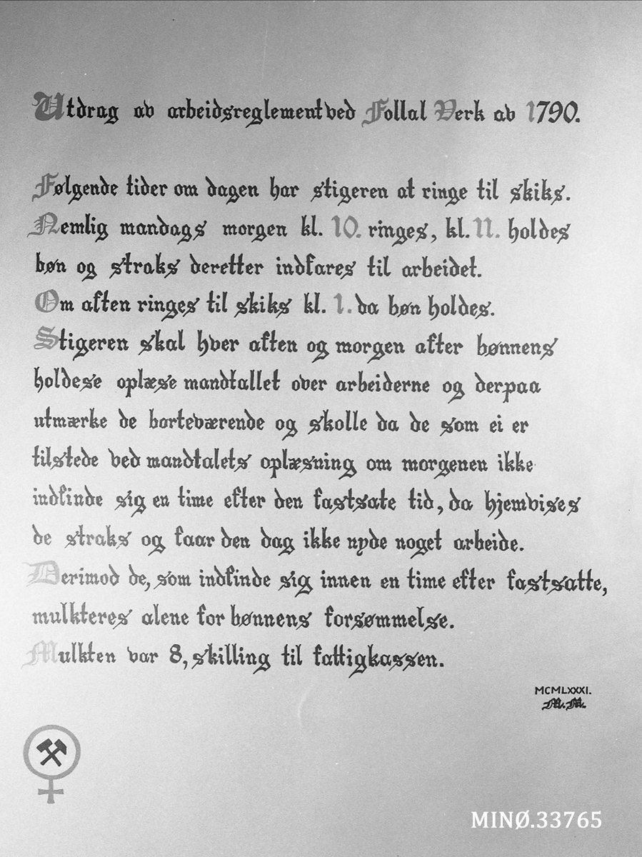 Oscar Holte, Udrag av arbeidsreglement Foldal Gruber af 1790