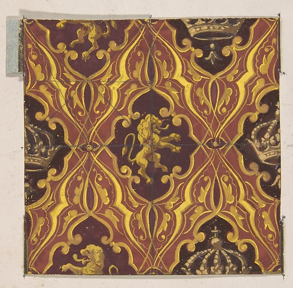 Jules-Edmond-Charles Lachaise, Design for wallpaper featuring rampant lions and crowns
