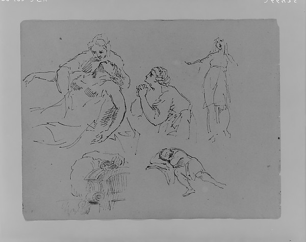 Thomas Sully, Dying Figure in the Arms of a Woman; Praying Woman; Standing Woman; Architectual Detail; Sleeping Figure (from Sketchbook)