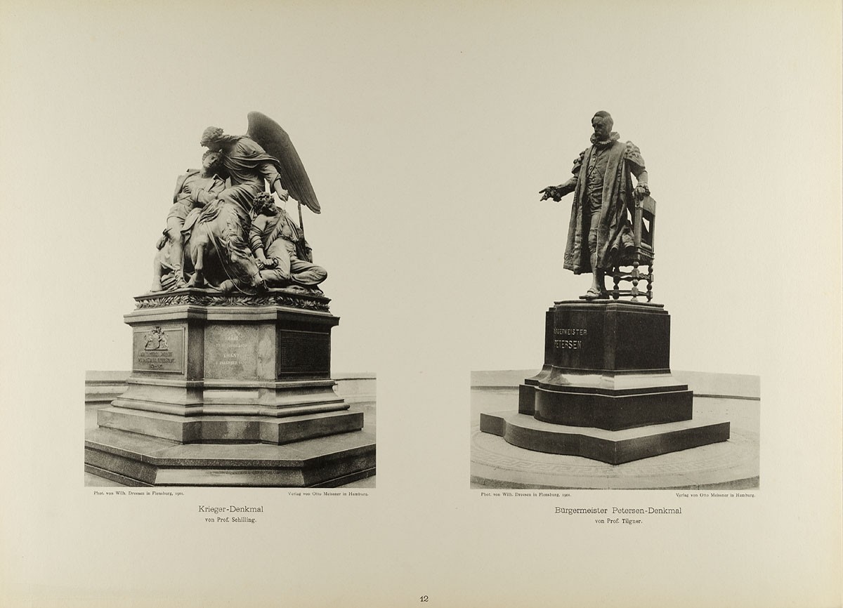 Wilhelm Dreesen, "Krieger-Denkmal von Prof. Schilling" und "Bürgermeister Petersen-Denkmal von Prof. Tilgner" aus der Mappe "Neue malerische Bilder aus der Freien und Hansestadt Hamburg und ihrer Umgebung"