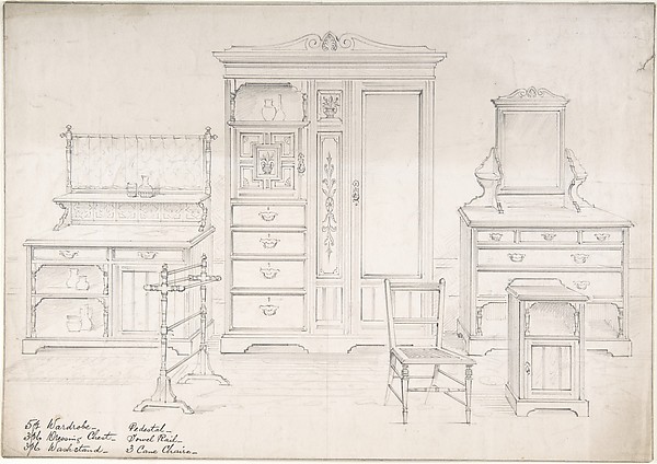 Anonymous, British, 19th century, Designs for a Wardrobe, Dressing Chest, Wash Stand, Pedestal, Towel Rail and Cane Chairs