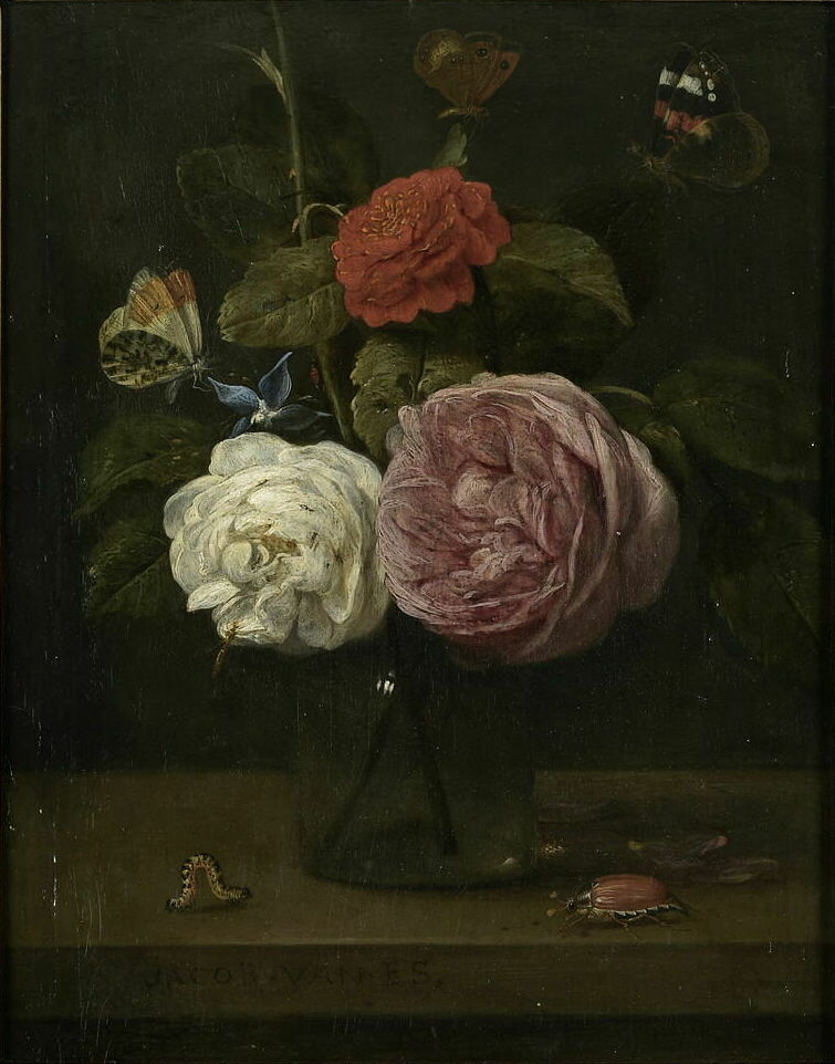 Jacob van Es, Floral still life of three roses in a glass vase surrounded by three butterflies, a beetle and a caterpillar