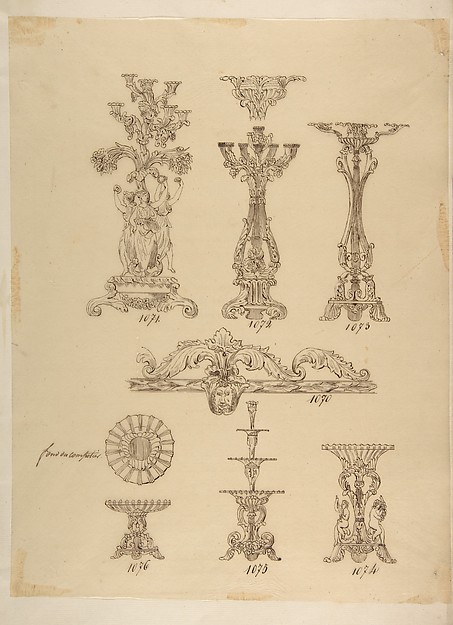 Anonymous, French, 19th century, Designs for Three Candelabras, Two Fruit Dishes and a Server