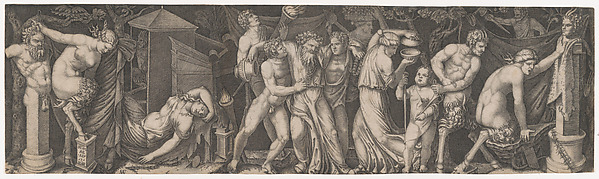 Marcantonio Raimondi, A Bacchanal; Silenus supported by two bacchants in the center, at left a female satyr reclining on a bed and another holding onto the horns on a statue of Priapus while she tries to impale herself on his phallus, with various other figures