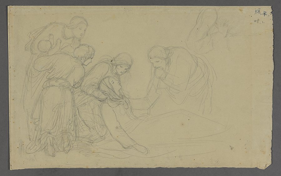 Gustav Metz, Kompositionsskizze zum Tod der Rahel, wohl 1845 (rückseitig: Kopfstudien)