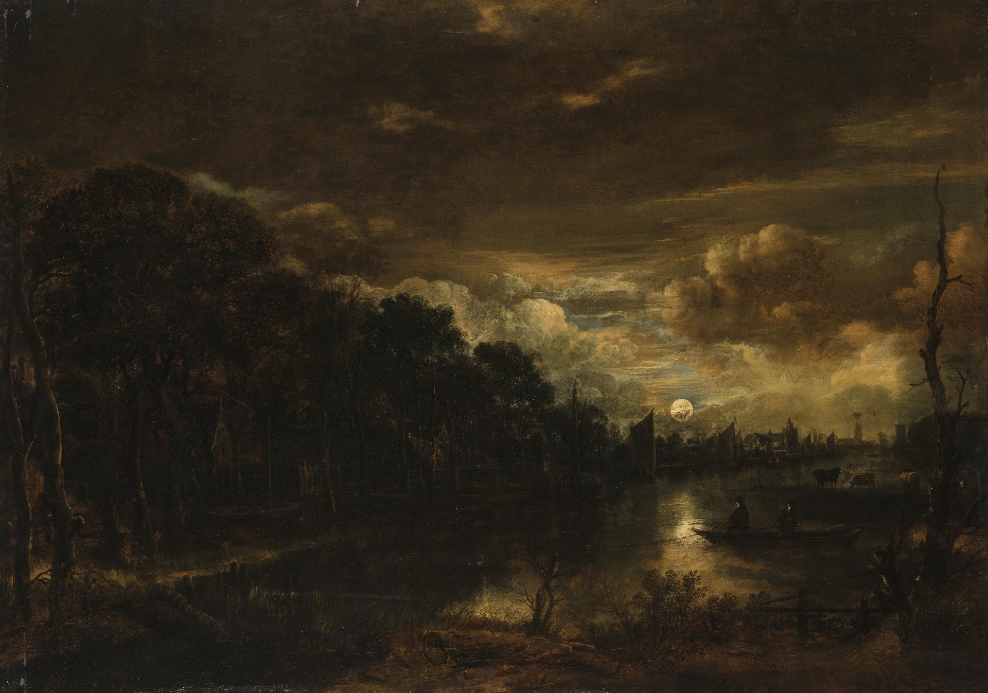 Aert van der Neer, Night Landscape with a River