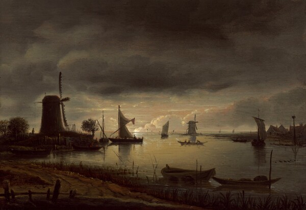 Anthonie van Borssom, River Scene with Windmill and Boats, Evening
