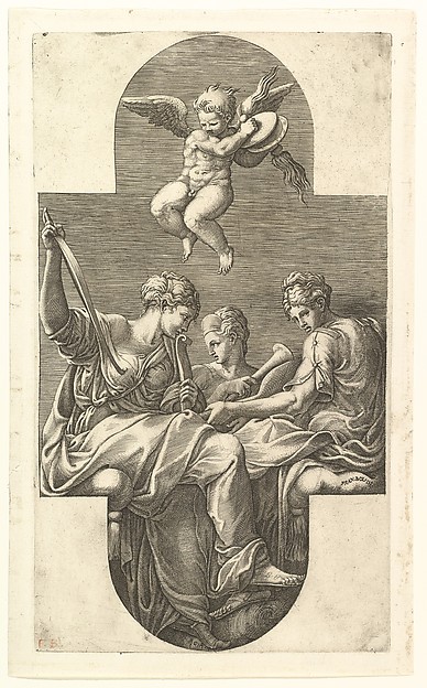 Giorgio Ghisi, Three Muses and a Putto with Cymbals,  a cruciform composition, from a series of eight compositions after Francesco Primaticcio's designs for the ceiling of the Gallery of Ulysses (destroyed 1738-39) at Fontainebleau
