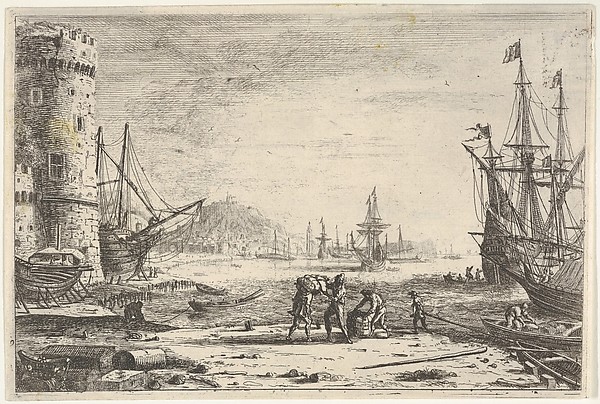 Claude Lorrain (Claude Gellée), Harbor with large tower at left, and figures in the foreground