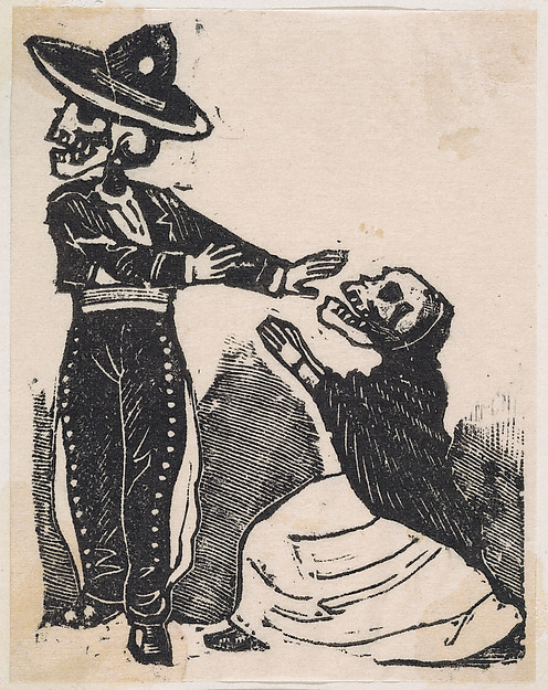 José Guadalupe Posada, A skeleton in a torero costume turning away from a kneeling skeleton in a shawl and dress, from the broadside "El gran panteón amoroso"