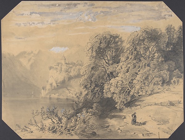 Alexandre Calame, Woman with a dog by a mountain lake