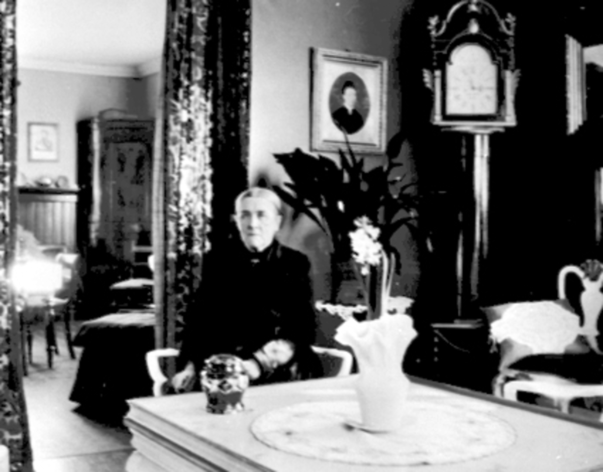 Anno Domkirkeodden, INTERIØR, STUE, MINA HOMMELSTAD, KLOKKE AV LARS OPPHUSKlokka i bakgr. laget av Lars Opphus