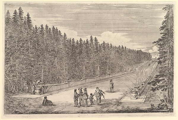 Stefano della Bella, An alley of fountains, a group of people, from "Views of the villa at Pratolino" (Vues de la villa de Pratolino)