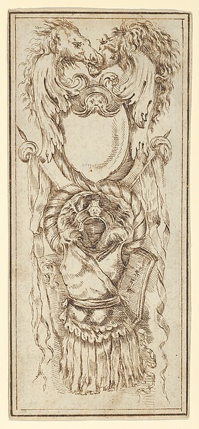 Stefano della Bella, Ornament with Armor and Horses' Heads