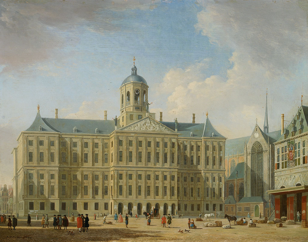 Jan ten Compe, Dam Square in Amsterdam with the town hall, the Nieuwe Kerk and the Waag